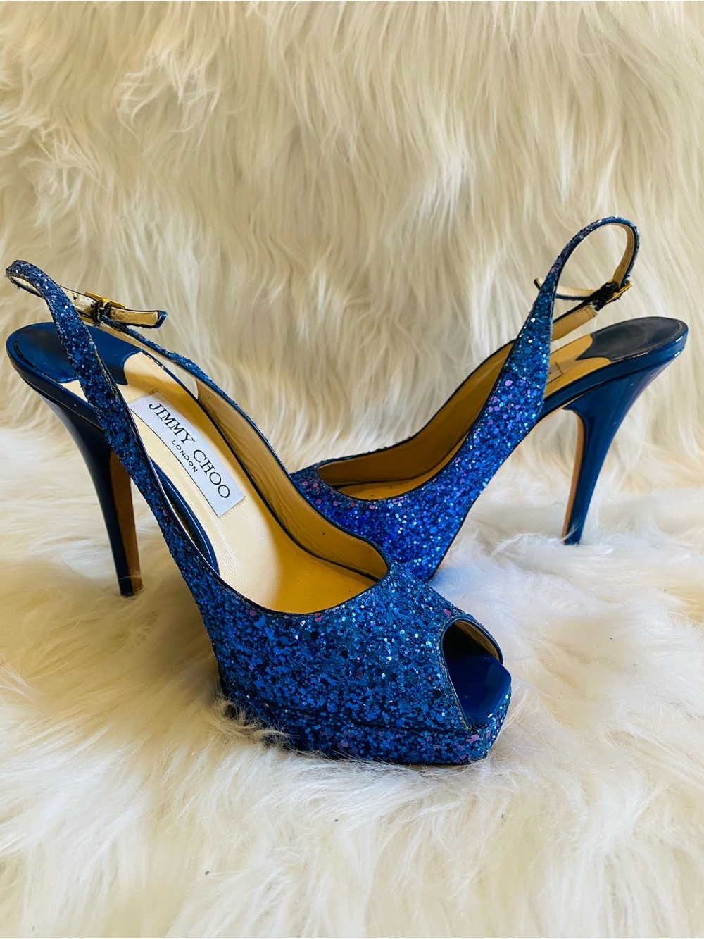 Jimmy Choo Navy Blue Glitter Peep-Toe Slingback Heels. Authentic.